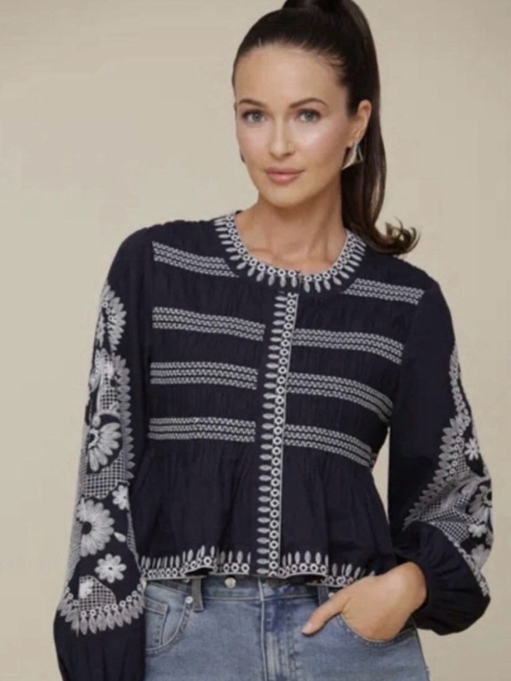 7 For All Mankind Navy Embroidered Peasant Blouse